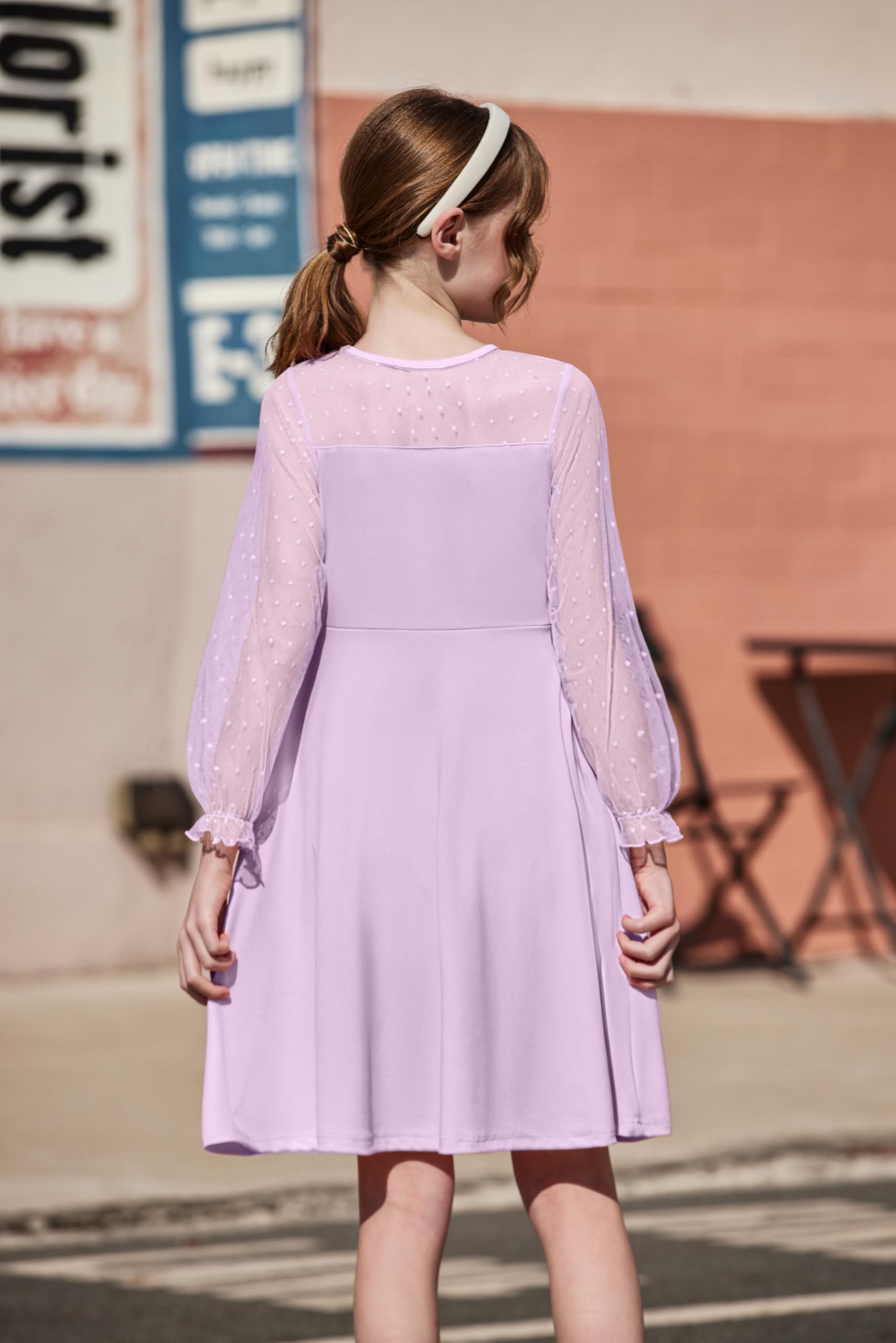 Aishi Mädchenkleid – Lange Mesh-Ärmel, A-Linien Schnitt & Hohe Taille mit Taschen