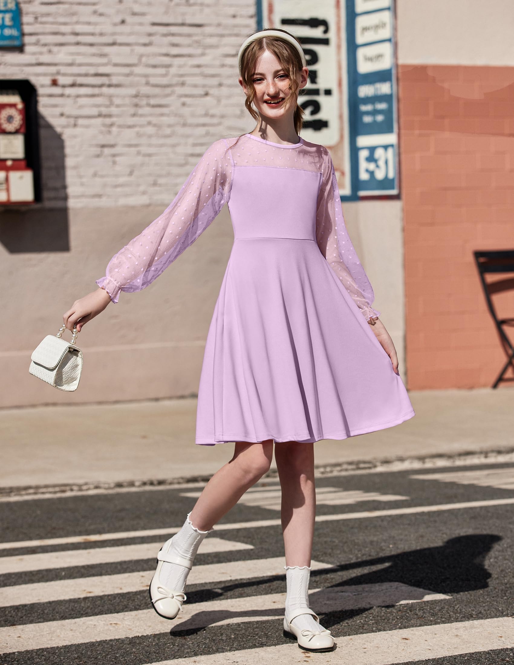 Aishi Mädchenkleid – Lange Mesh-Ärmel, A-Linien Schnitt & Hohe Taille mit Taschen