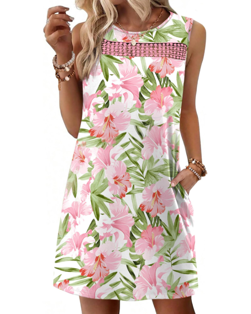 Renee mini-jurk voor dames – Zomer tanktop jurk van kant, vloeiende pasvorm met zakken, elegante stijl