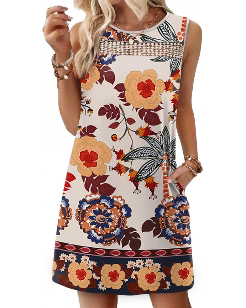 Renee mini-jurk voor dames – Zomer tanktop jurk van kant, vloeiende pasvorm met zakken, elegante stijl