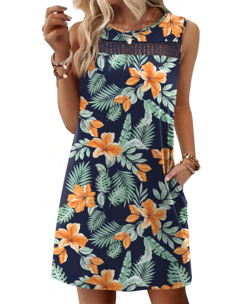 Renee mini-jurk voor dames – Zomer tanktop jurk van kant, vloeiende pasvorm met zakken, elegante stijl