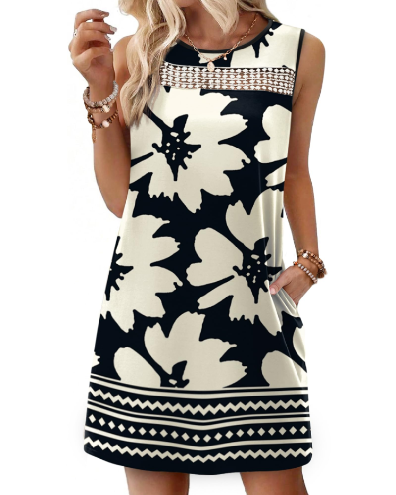 Renee mini-jurk voor dames – Zomer tanktop jurk van kant, vloeiende pasvorm met zakken, elegante stijl