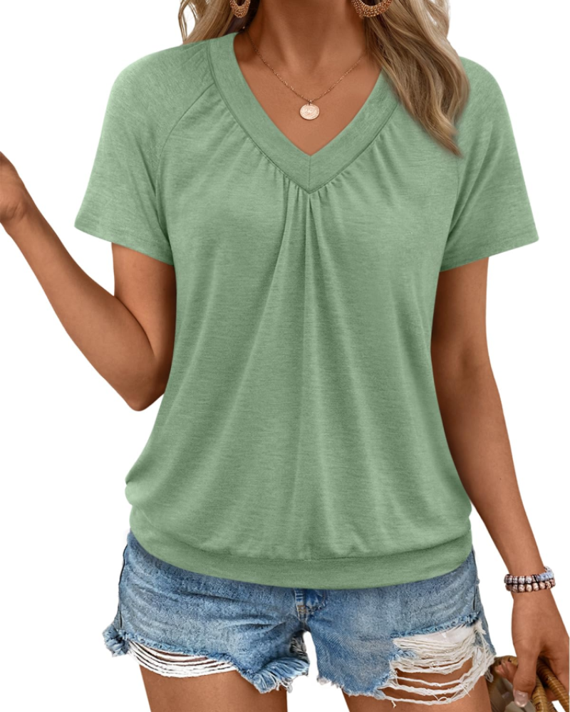 Rhea Damen-Top – Faltenwurf V-Ausschnitt-T-Shirt, eleganter und bequemer lockerer Schnitt für den Sommer