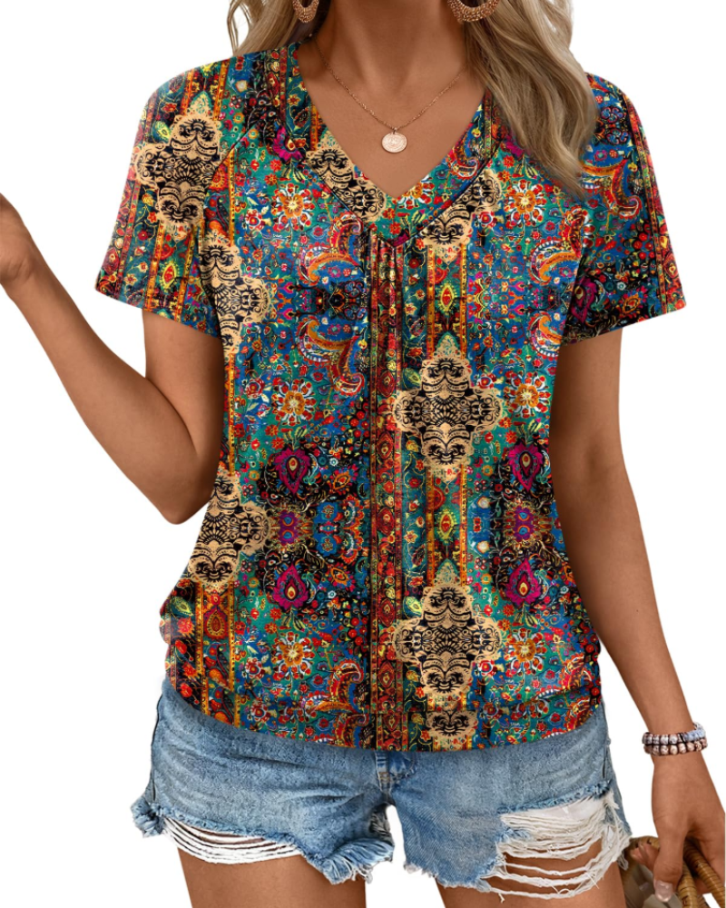 Rhea Damen-Top – Faltenwurf V-Ausschnitt-T-Shirt, eleganter und bequemer lockerer Schnitt für den Sommer