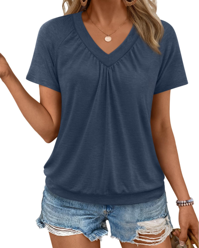Rhea Damen-Top – Faltenwurf V-Ausschnitt-T-Shirt, eleganter und bequemer lockerer Schnitt für den Sommer