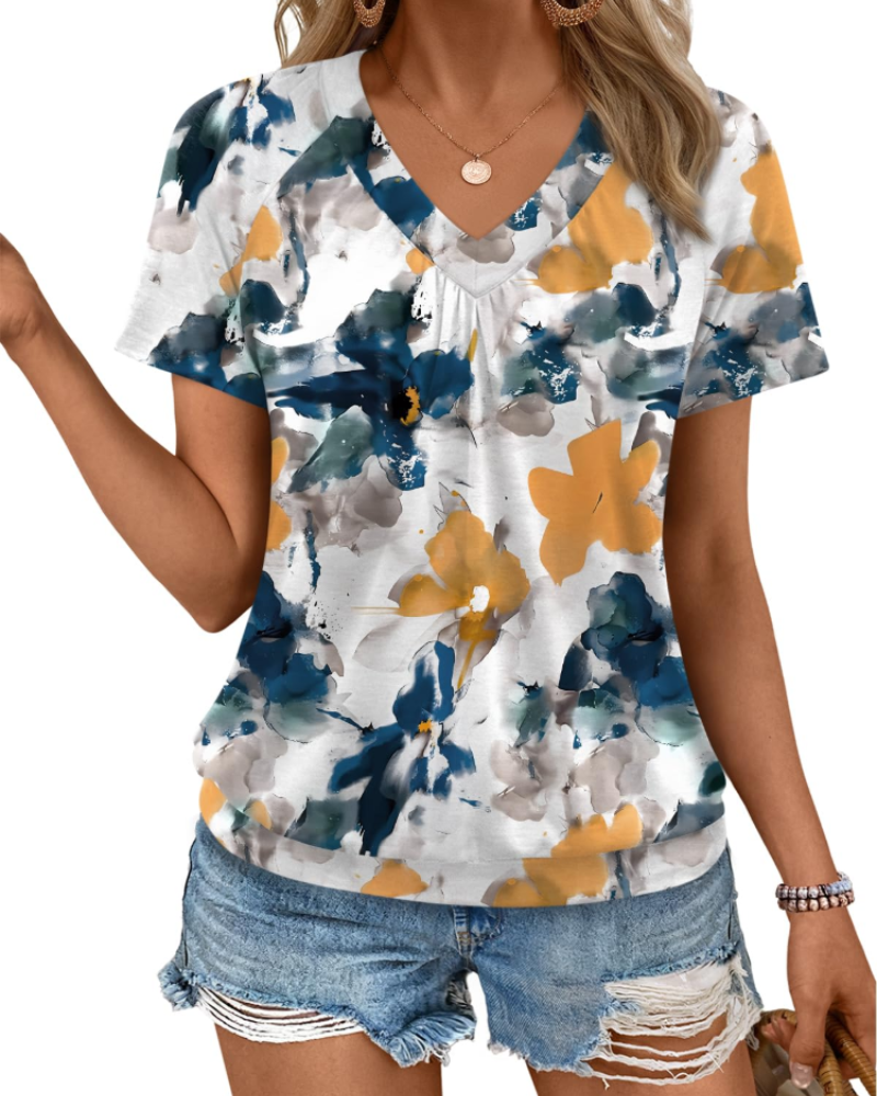 Rhea Damen-Top – Faltenwurf V-Ausschnitt-T-Shirt, eleganter und bequemer lockerer Schnitt für den Sommer
