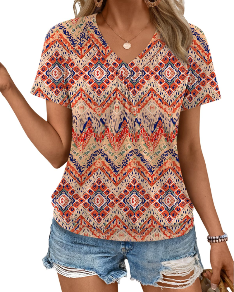 Rhea Damen-Top – Faltenwurf V-Ausschnitt-T-Shirt, eleganter und bequemer lockerer Schnitt für den Sommer