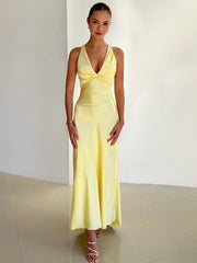 Vestido de Festa Feminino Gina – Vestido Longo de Cetim com Gola Halter Elegante e Sem Mangas