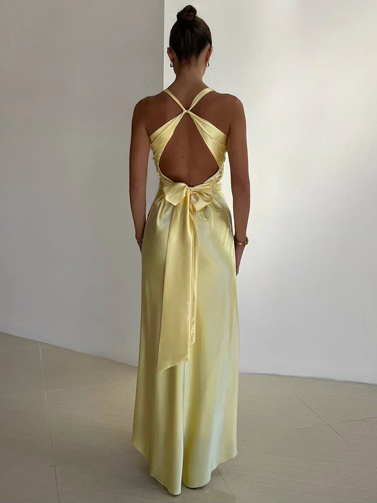 Vestido de Festa Feminino Gina – Vestido Longo de Cetim com Gola Halter Elegante e Sem Mangas