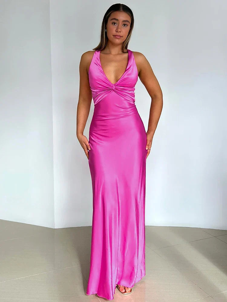 Vestido de Festa Feminino Gina – Vestido Longo de Cetim com Gola Halter Elegante e Sem Mangas