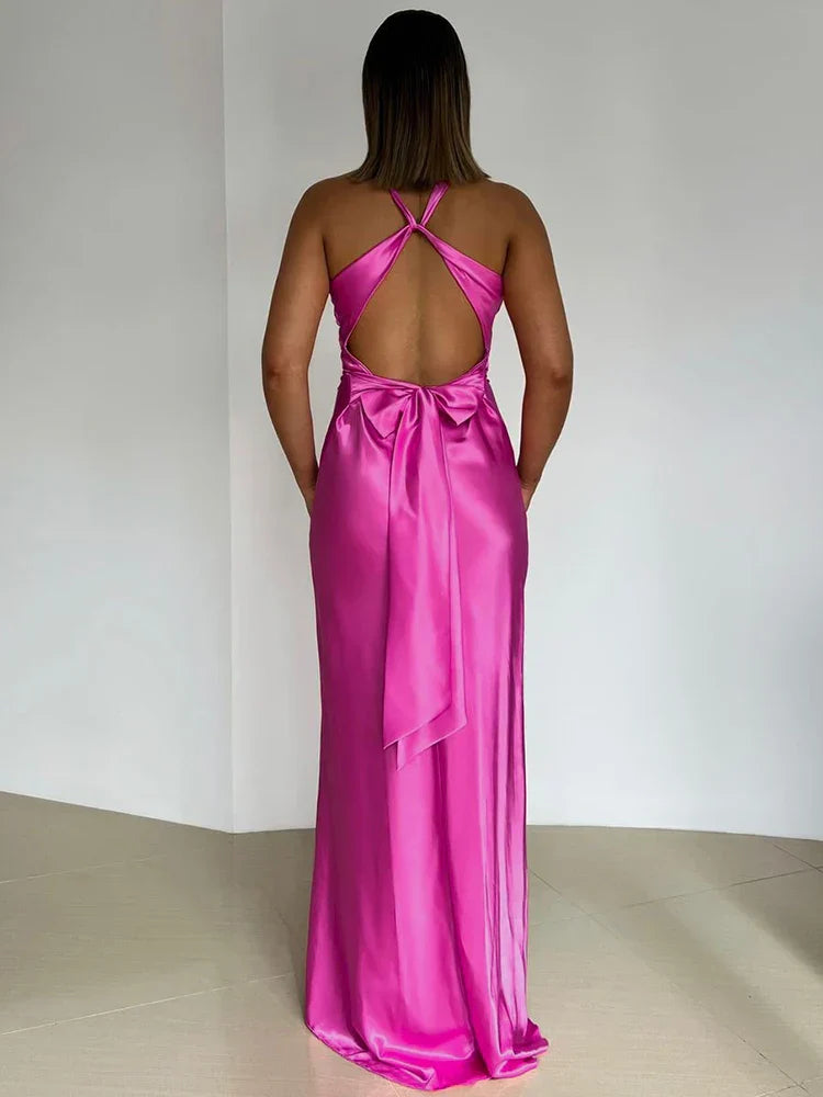 Vestido de Festa Feminino Gina – Vestido Longo de Cetim com Gola Halter Elegante e Sem Mangas