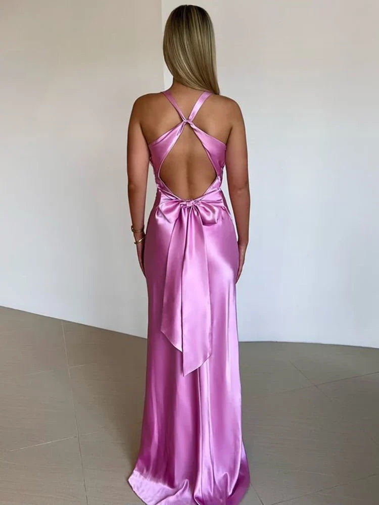 Vestido de Festa Feminino Gina – Vestido Longo de Cetim com Gola Halter Elegante e Sem Mangas