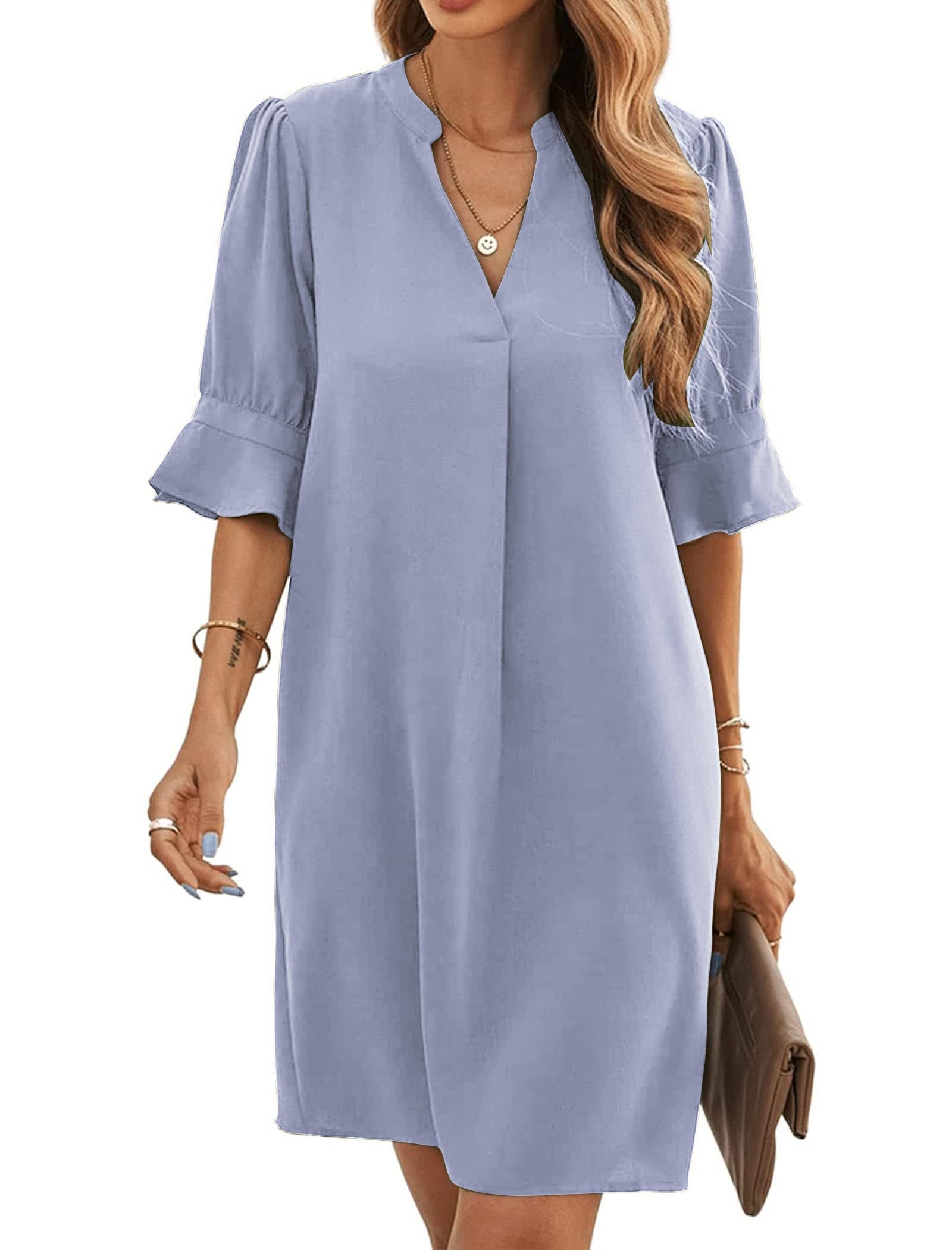 Vestido Bibiana para mujer – Cuello en V, mangas cortas, corte recto, mini fluido liso verano
