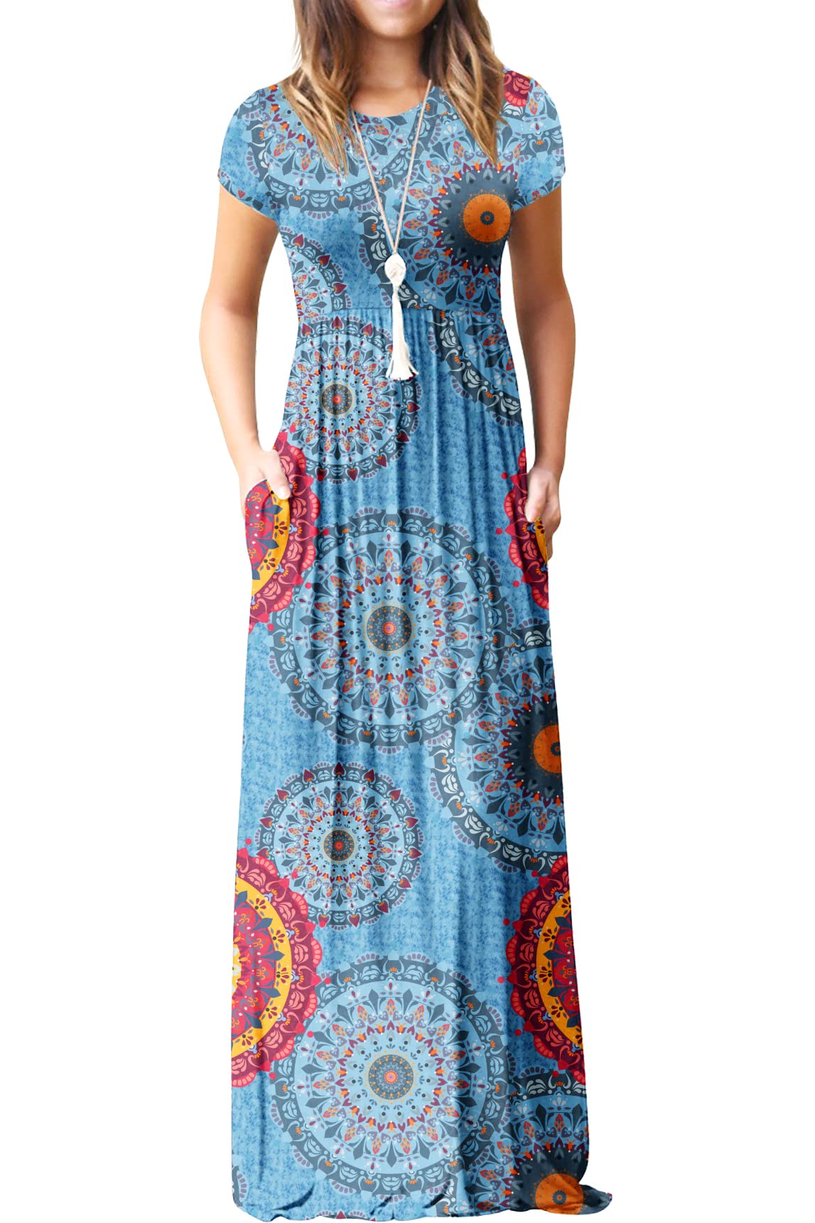 Rochie maxi Bridget pentru femei – guler rotund uni, croială fluidă și talie înaltă cu buzunare de vară