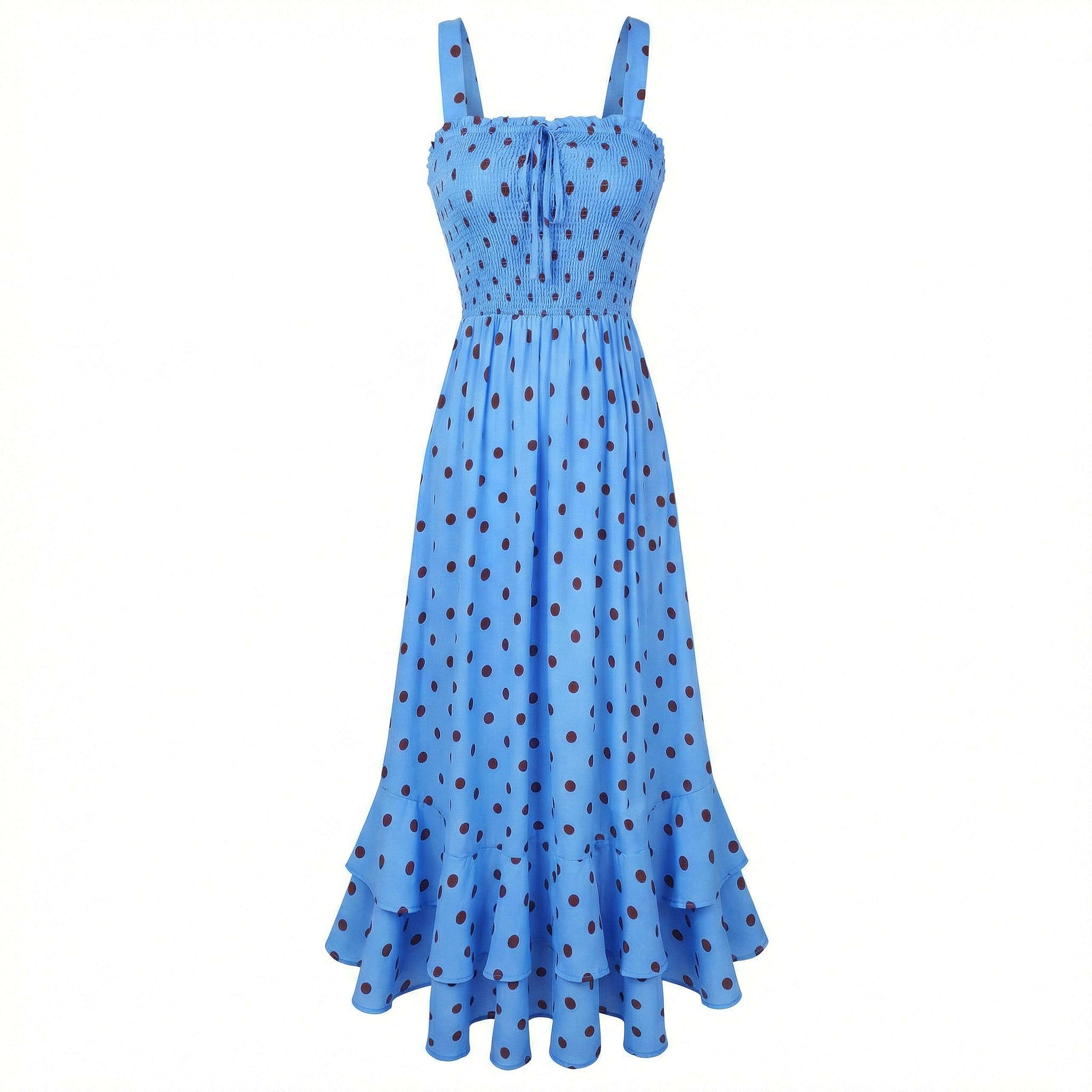 Vestido Maxi Mildred para Mulher – Decote Quadrado, Alças, Corte Evasé com Pregas e Barra com Folhos Verão