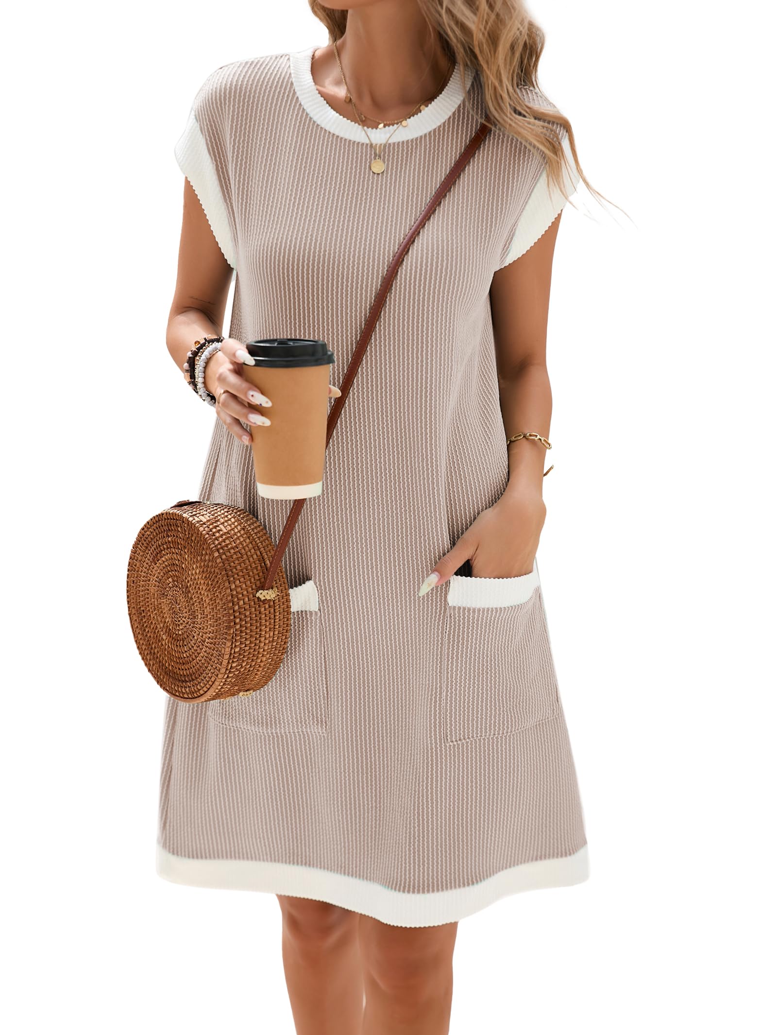 Winnie Damenkleid – Rundhals Colorblock, Kurzarm & Weites Mini mit Taschen Sommer