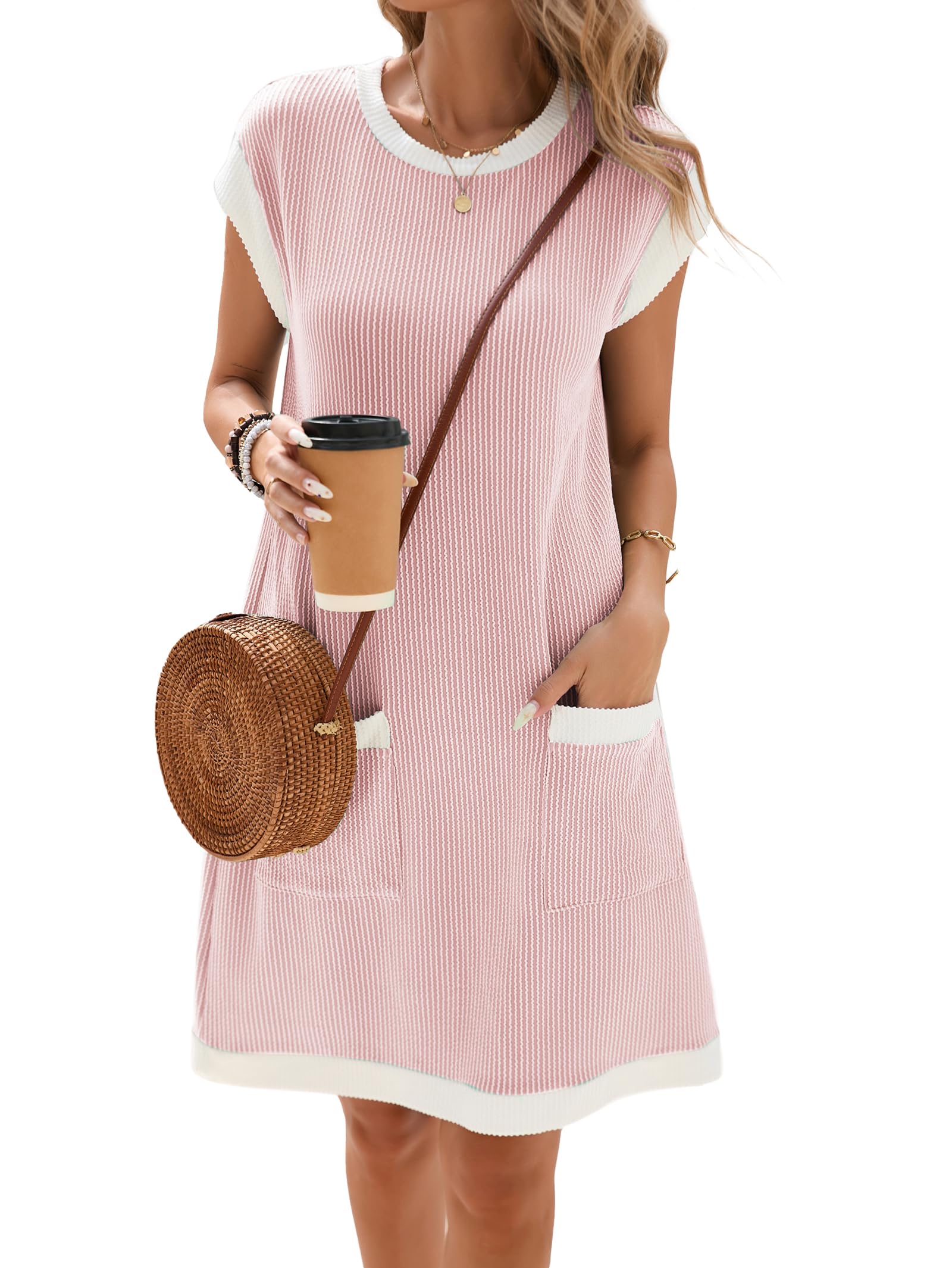 Winnie Damenkleid – Rundhals Colorblock, Kurzarm & Weites Mini mit Taschen Sommer