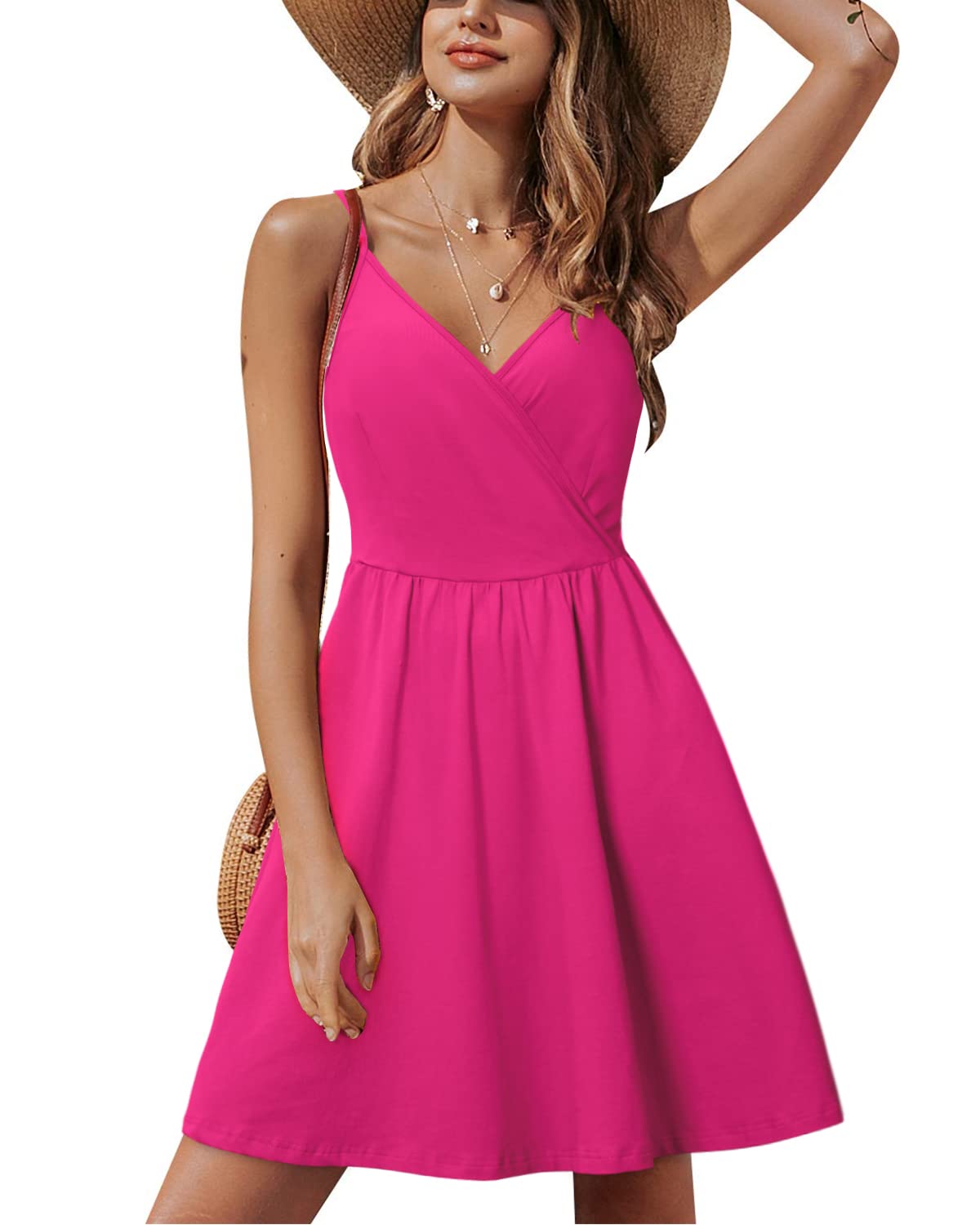 Lusha Robe Femme – Col V Bretelles Fines, Coupe A-Line Midi & Poches Taille Élastique Été