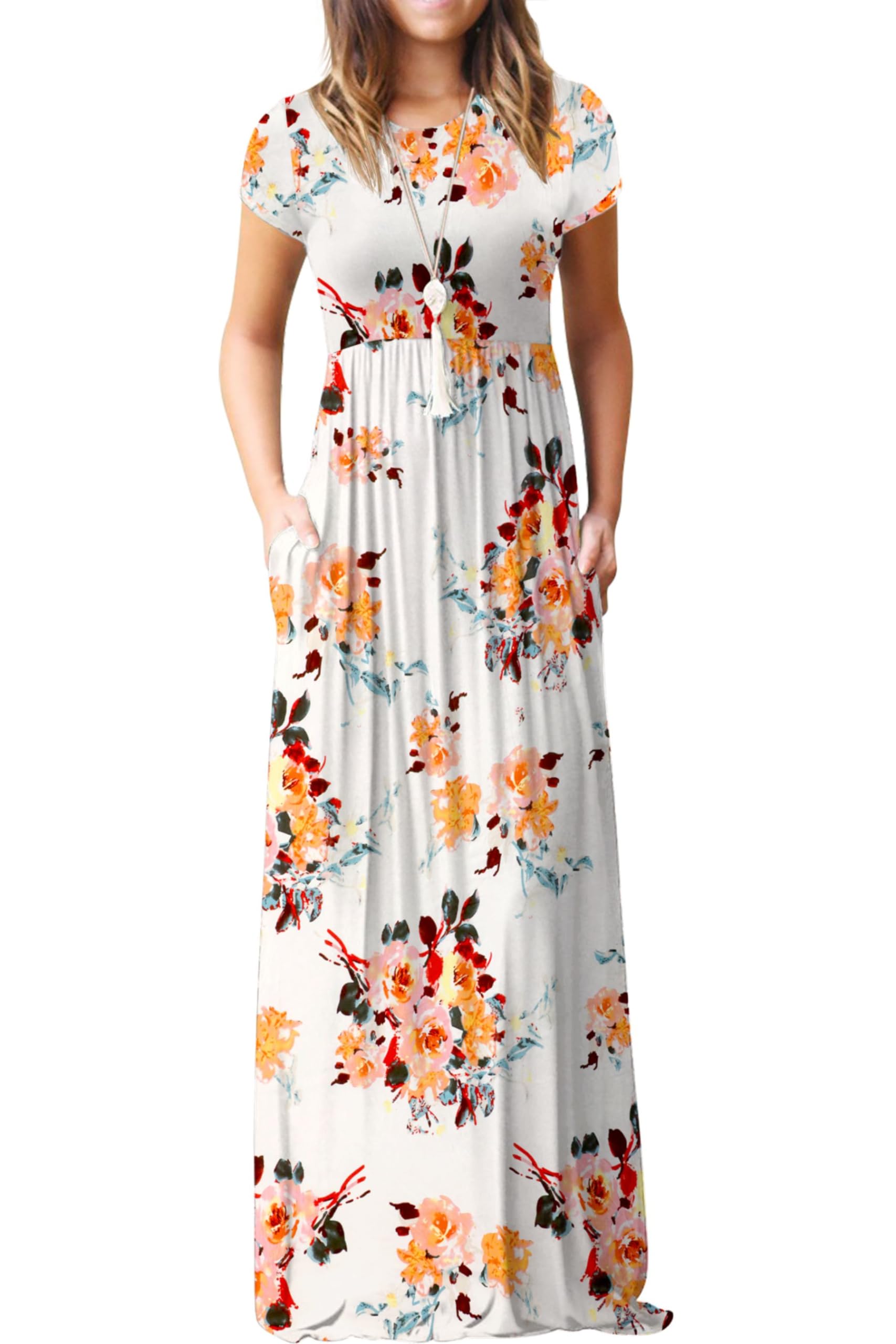 Rochie maxi Bridget pentru femei – guler rotund uni, croială fluidă și talie înaltă cu buzunare de vară