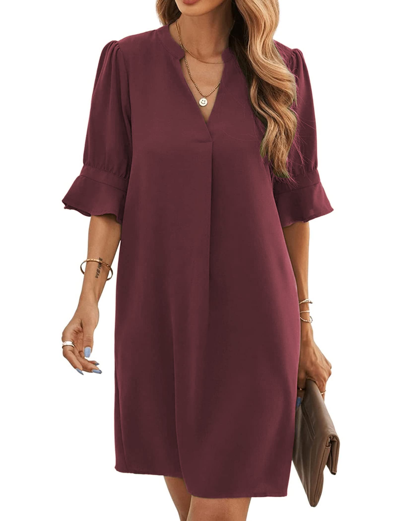 Bibiana Vestito Donna – Scollo a V Maniche Corte, Taglio Dritto Mini Fluido Tinta Unita Estate