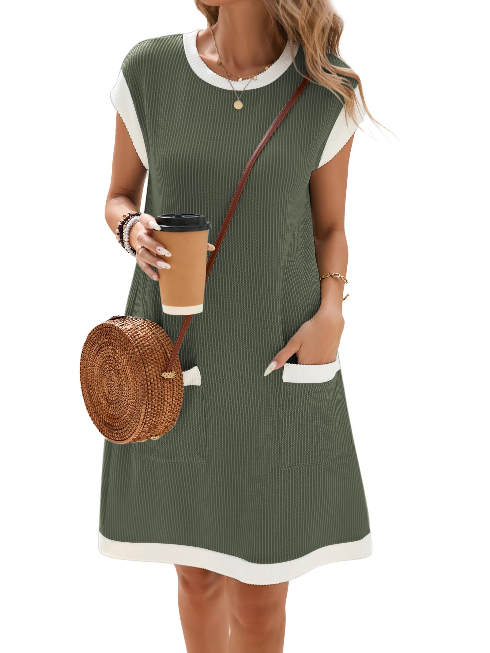 Winnie Damenkleid – Rundhals Colorblock, Kurzarm & Weites Mini mit Taschen Sommer