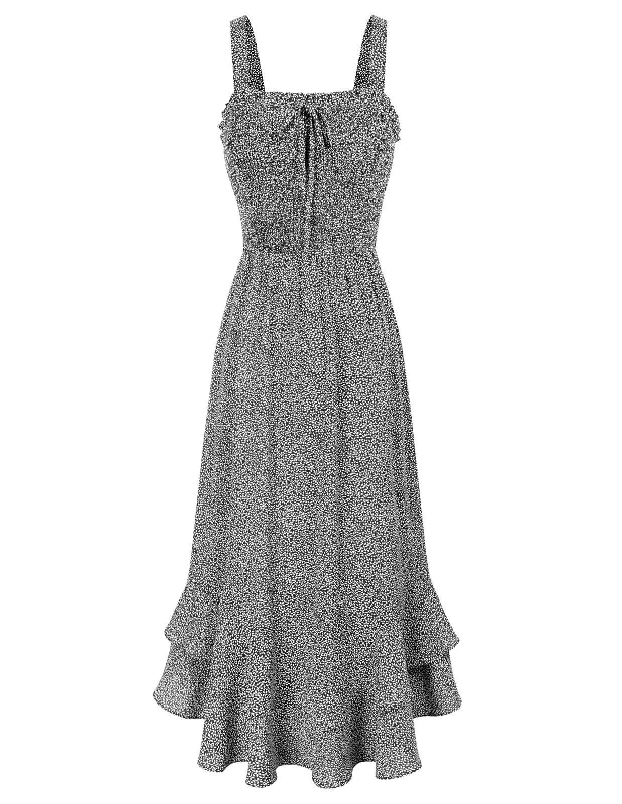 Vestido Maxi Mildred para Mulher – Decote Quadrado, Alças, Corte Evasé com Pregas e Barra com Folhos Verão