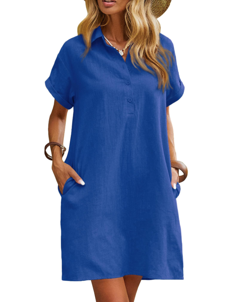 Sukienka Raine Chemise Damska – Sukienka z Lnu i Bawełny, Midi, z Guzikami, Dekolt V, Kieszenie, Casual Chic, Letnia