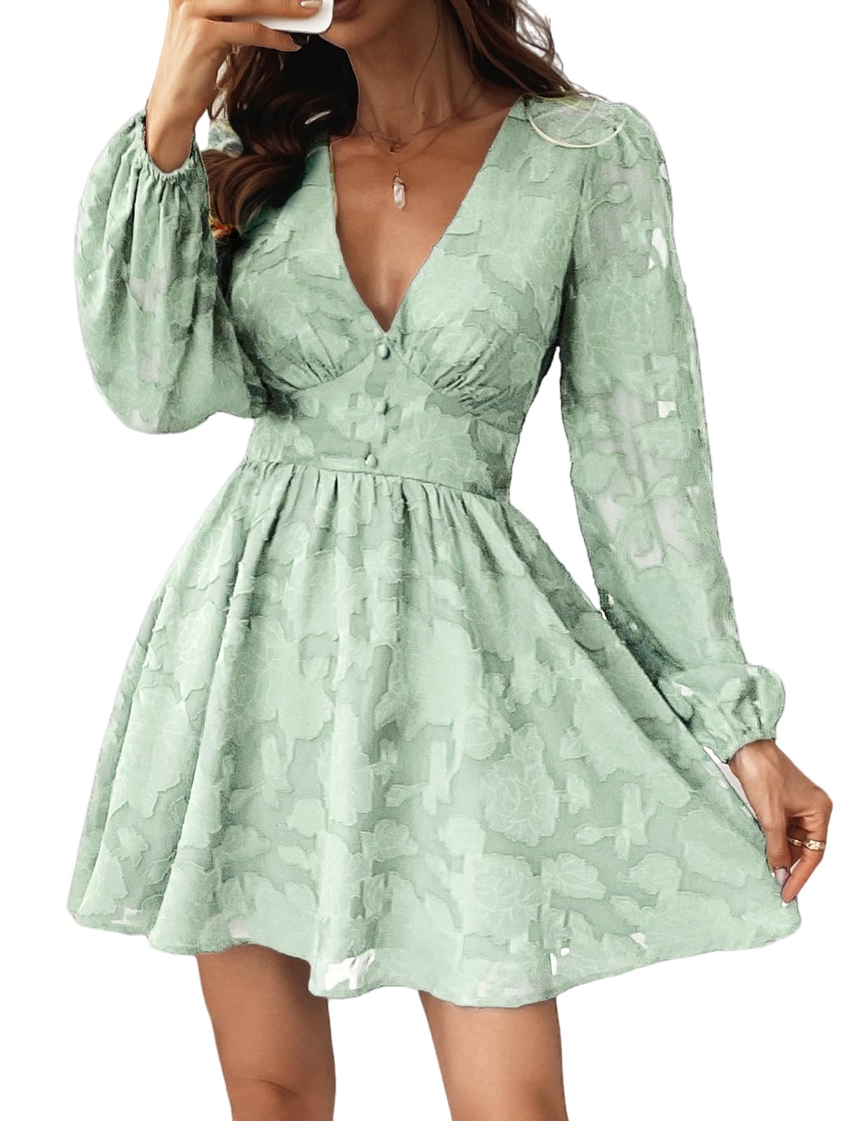Ronalyn Robe Femme – Bodycon Dentelle Col V, Manches Longues & Coupe Mini Élégante Soirée