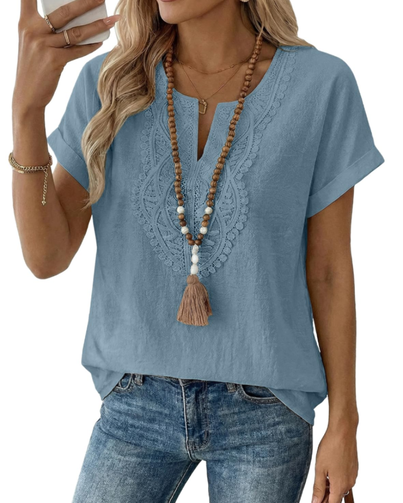Blusa Aelina para mujer – Top bohemio con escote en V, encaje y corte suelto elegante