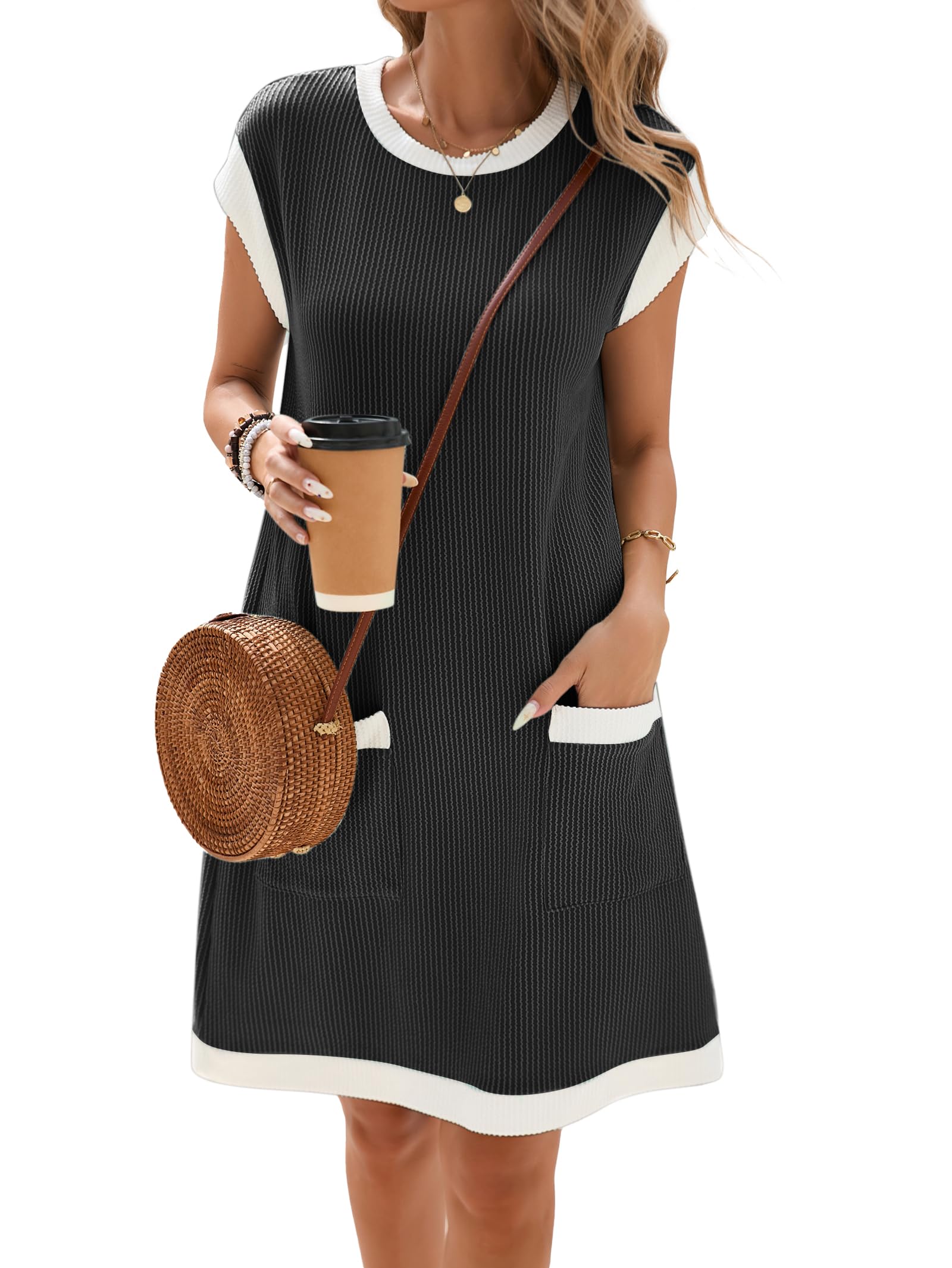 Winnie Damenkleid – Rundhals Colorblock, Kurzarm & Weites Mini mit Taschen Sommer