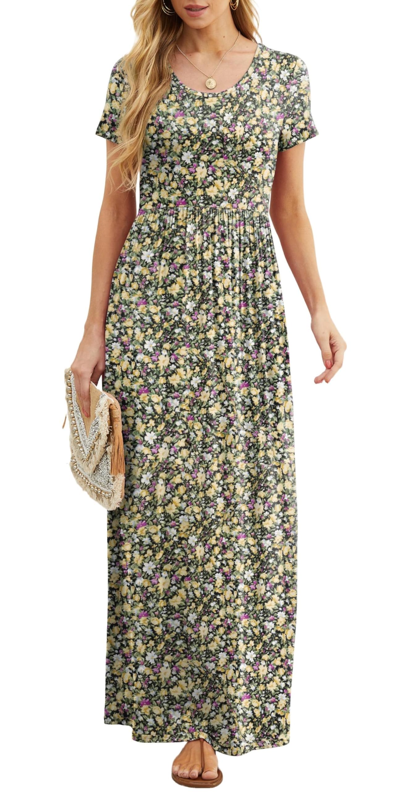 Rochie maxi Bridget pentru femei – guler rotund uni, croială fluidă și talie înaltă cu buzunare de vară