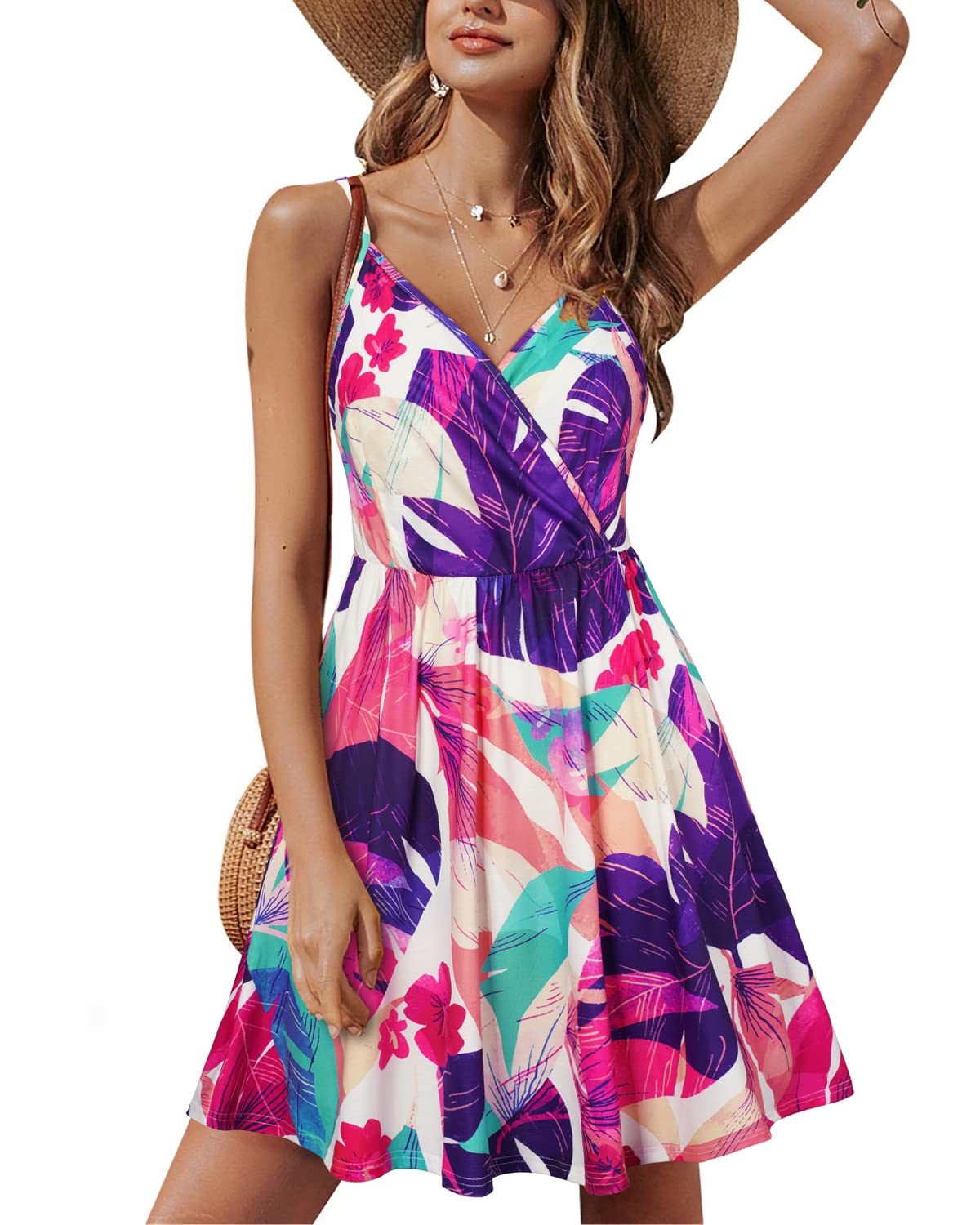Lusha Robe Femme – Col V Bretelles Fines, Coupe A-Line Midi & Poches Taille Élastique Été