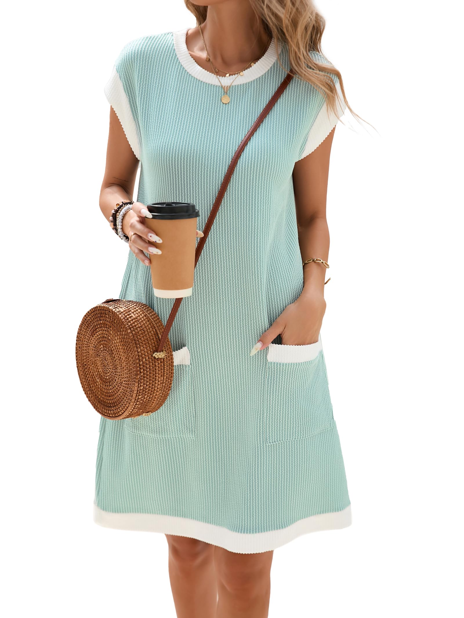 Winnie Damenkleid – Rundhals Colorblock, Kurzarm & Weites Mini mit Taschen Sommer