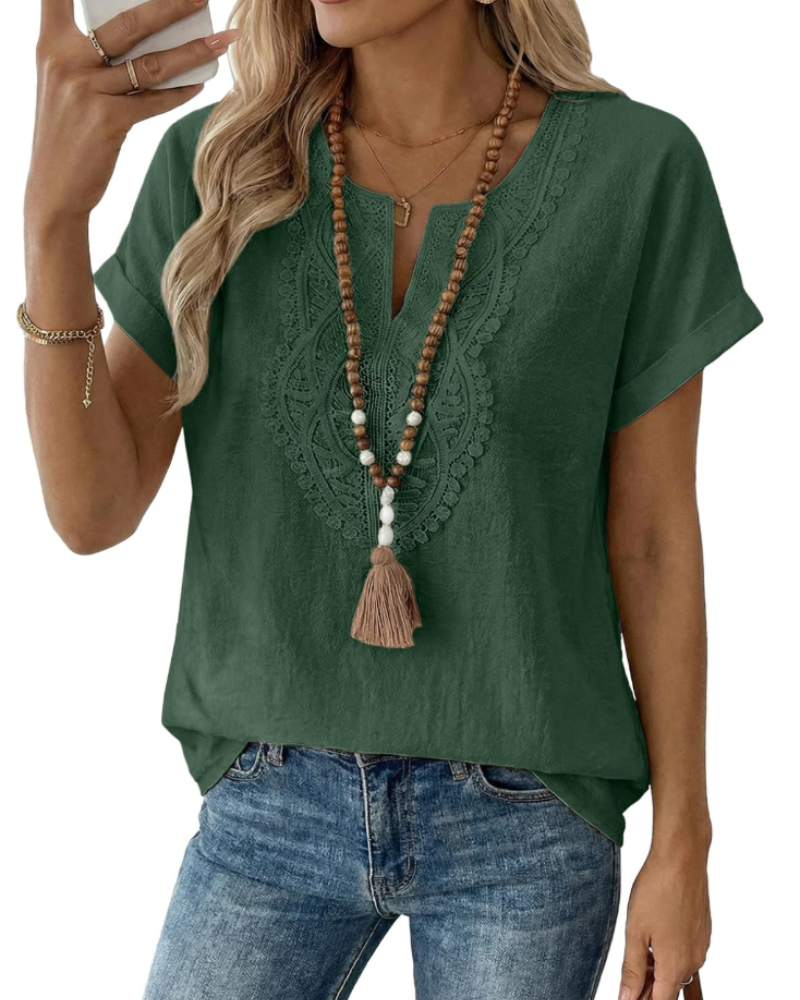 Blusa Aelina para mujer – Top bohemio con escote en V, encaje y corte suelto elegante