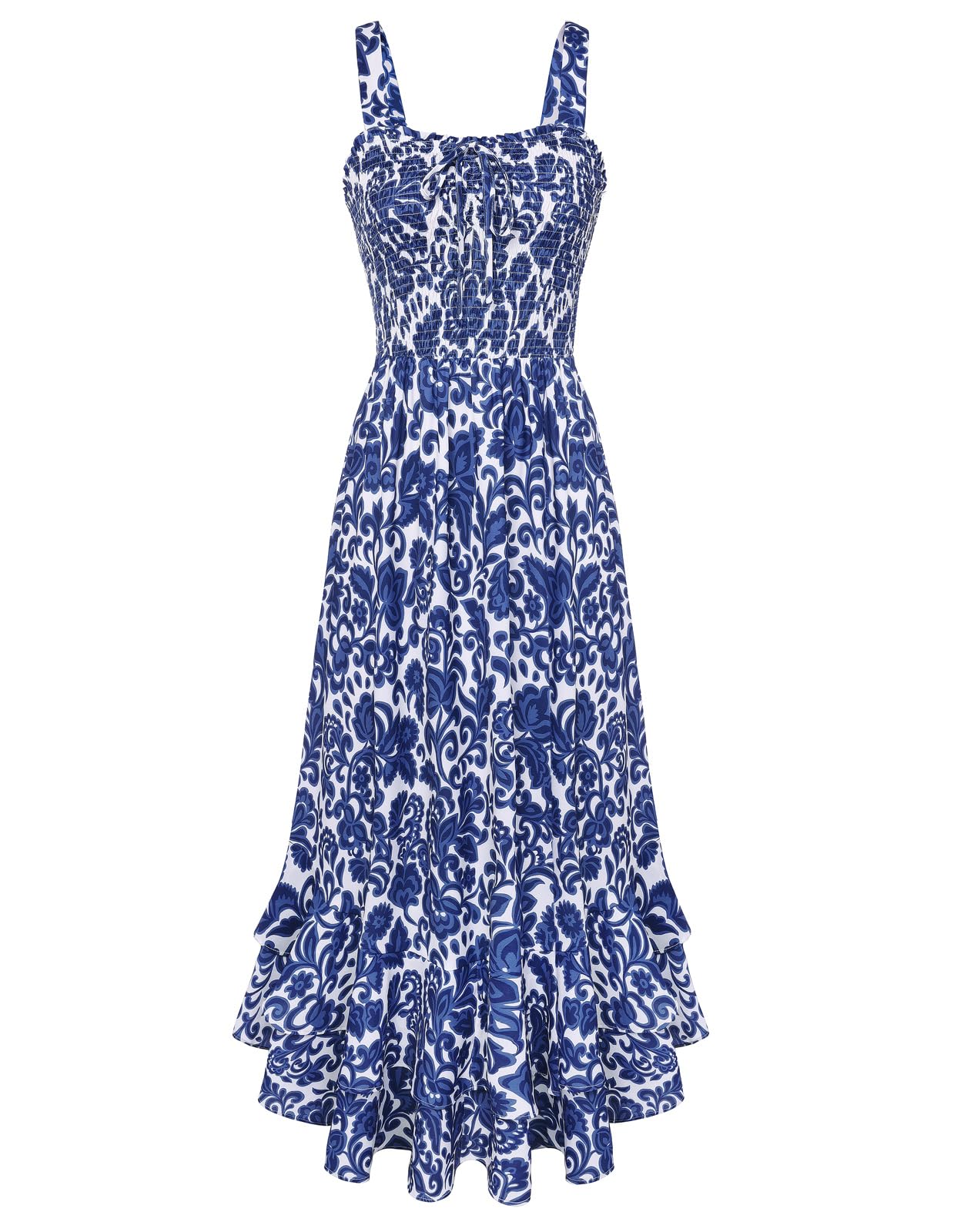Vestido Maxi Mildred para Mulher – Decote Quadrado, Alças, Corte Evasé com Pregas e Barra com Folhos Verão