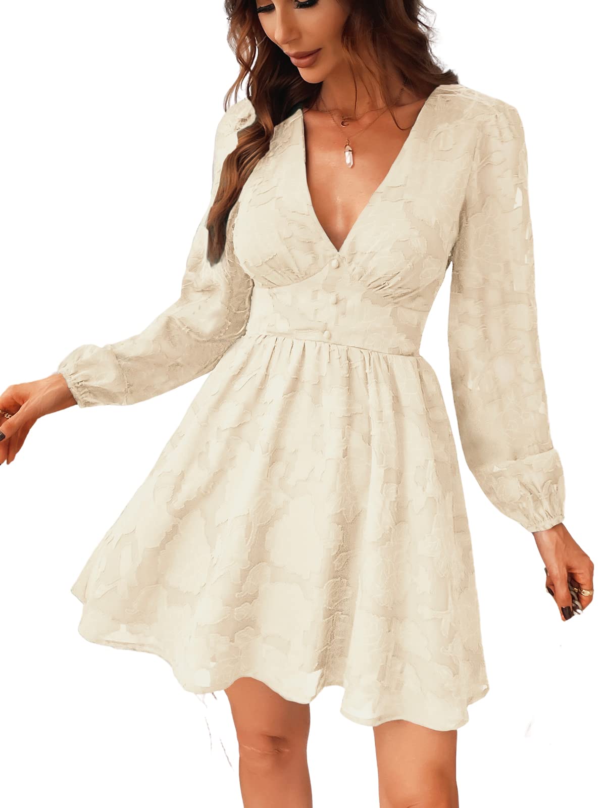 Ronalyn Robe Femme – Bodycon Dentelle Col V, Manches Longues & Coupe Mini Élégante Soirée