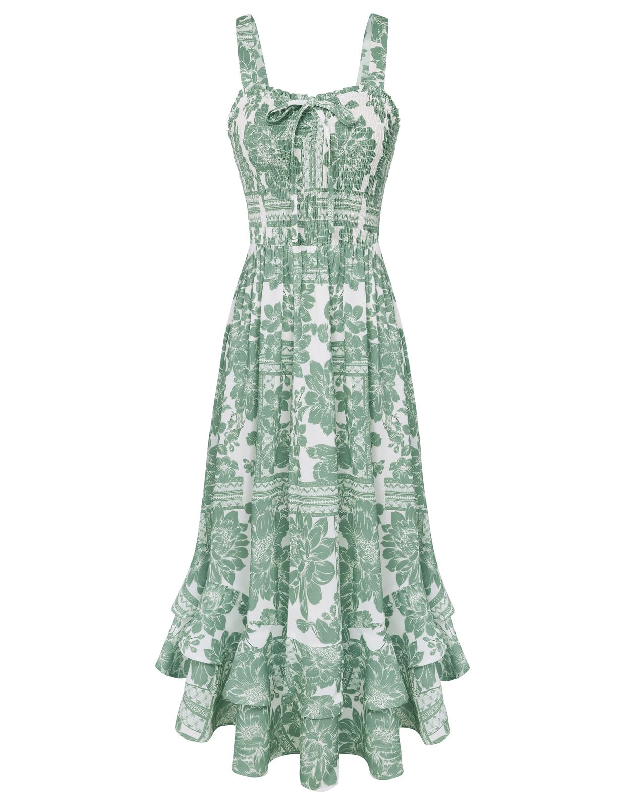 Vestido Maxi Mildred para Mulher – Decote Quadrado, Alças, Corte Evasé com Pregas e Barra com Folhos Verão