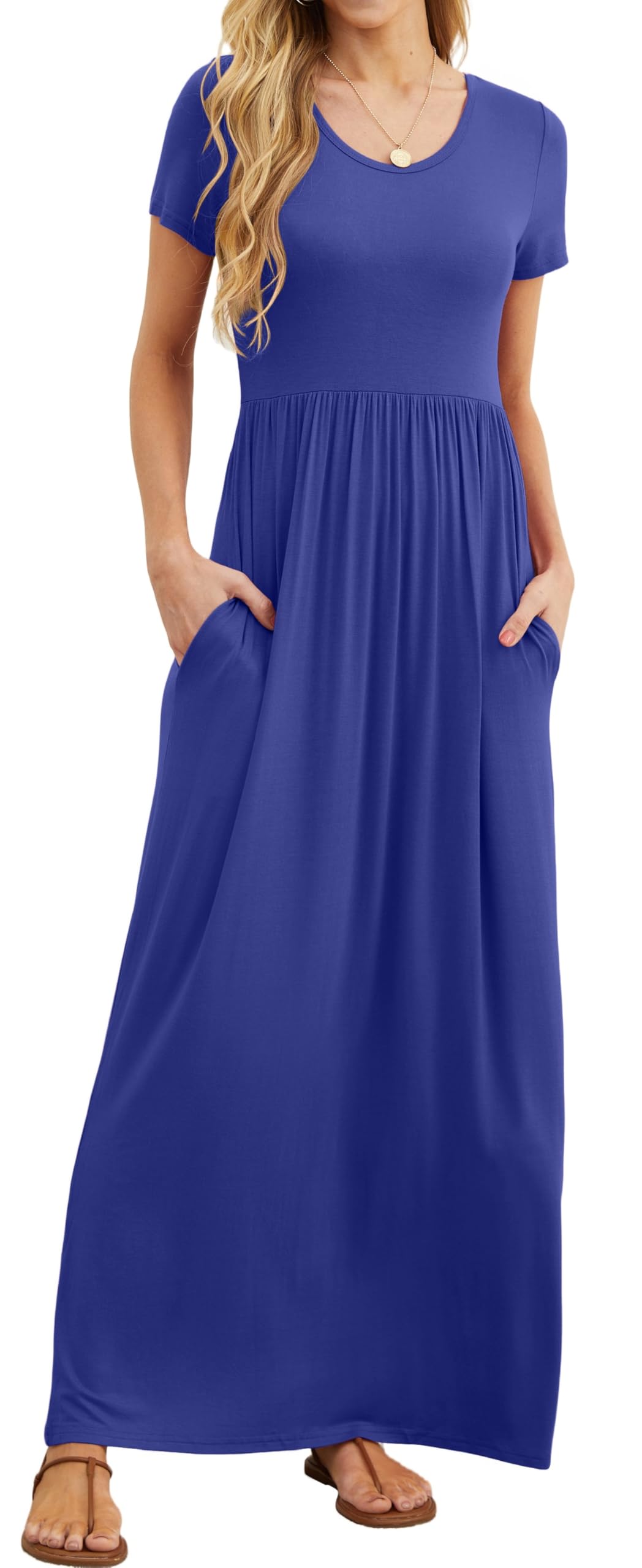 Rochie maxi Bridget pentru femei – guler rotund uni, croială fluidă și talie înaltă cu buzunare de vară