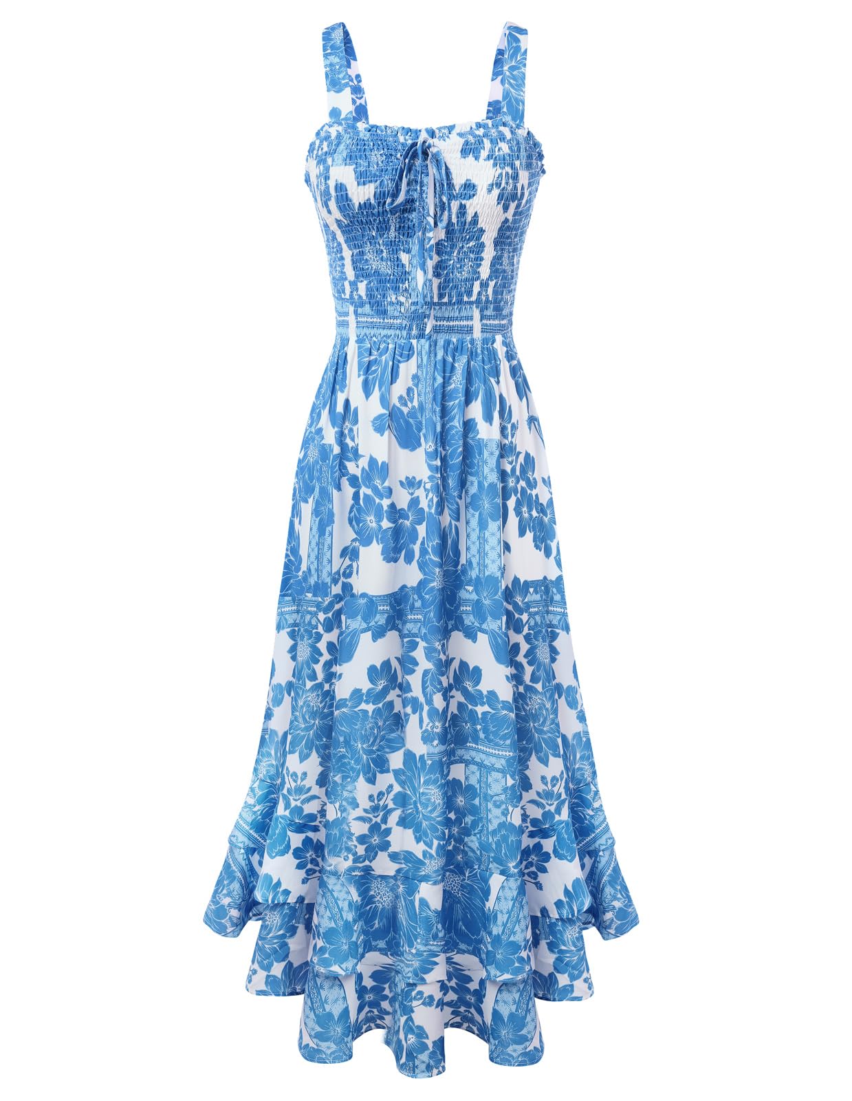 Vestido Maxi Mildred para Mulher – Decote Quadrado, Alças, Corte Evasé com Pregas e Barra com Folhos Verão