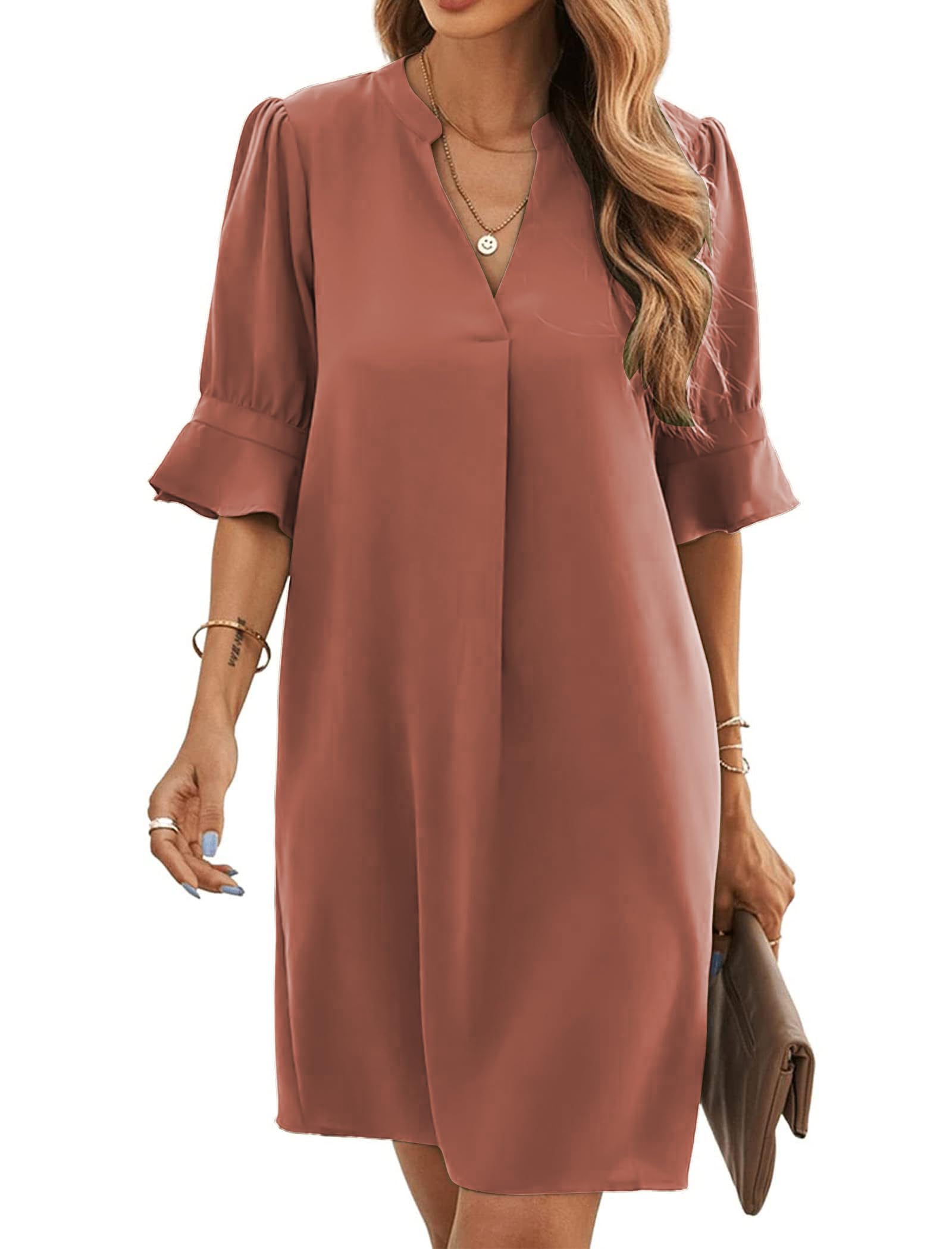 Bibiana Vestito Donna – Scollo a V Maniche Corte, Taglio Dritto Mini Fluido Tinta Unita Estate