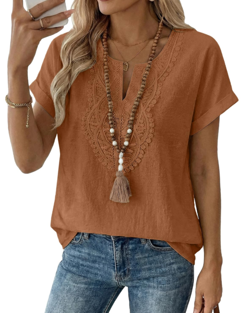 Blusa Aelina para mujer – Top bohemio con escote en V, encaje y corte suelto elegante