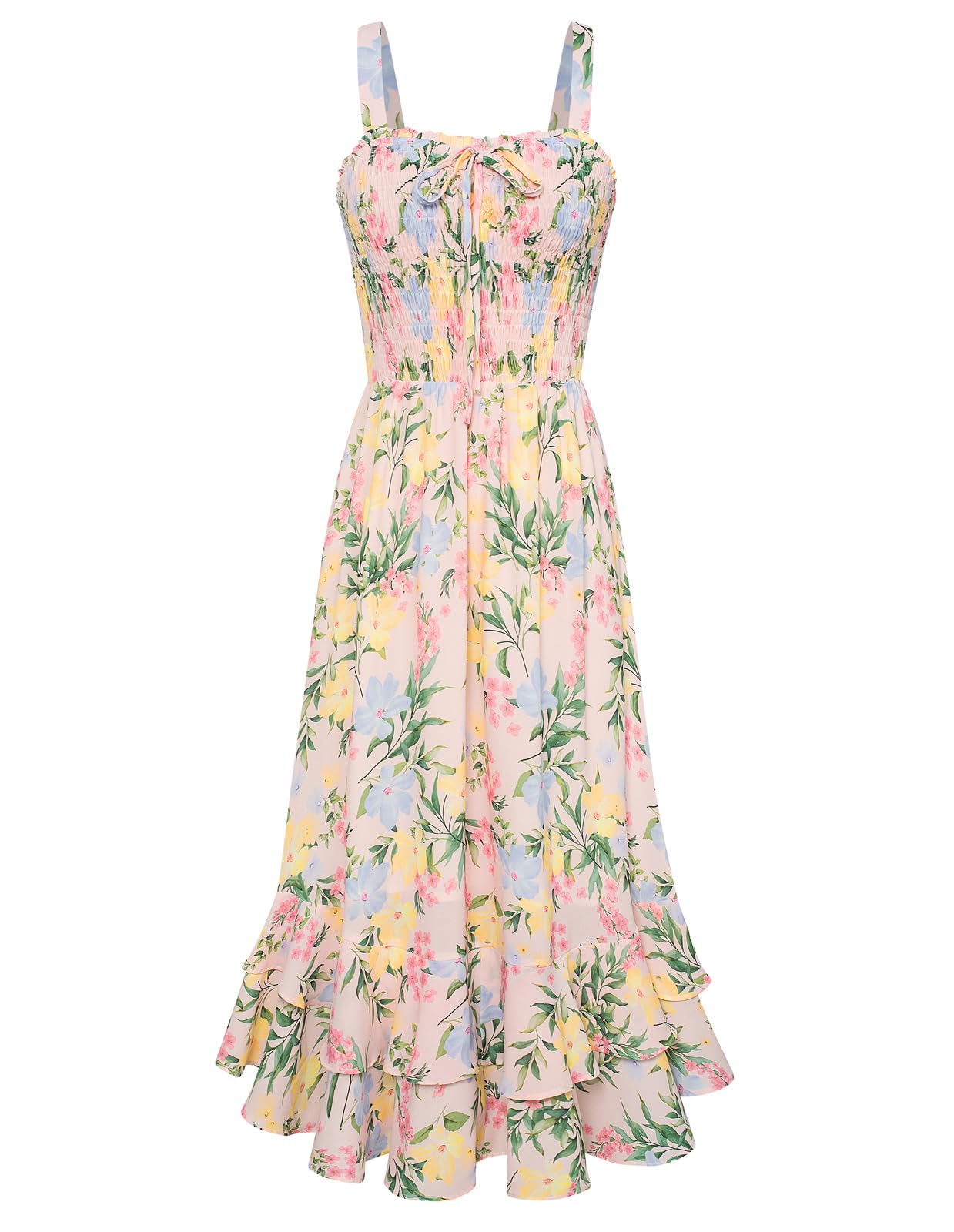 Vestido Maxi Mildred para Mulher – Decote Quadrado, Alças, Corte Evasé com Pregas e Barra com Folhos Verão