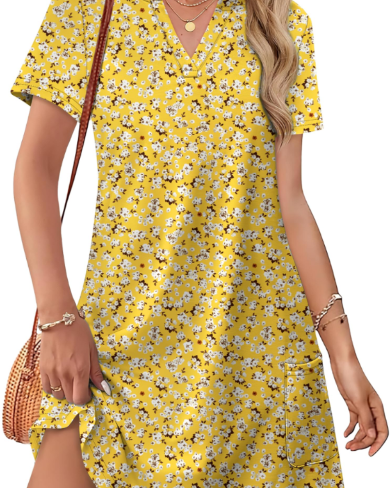 Vestido Sherry Feminino Verão – Vestido Midi com Decote em V Elegante, Corte Fluido Boémio para Férias & Casamento