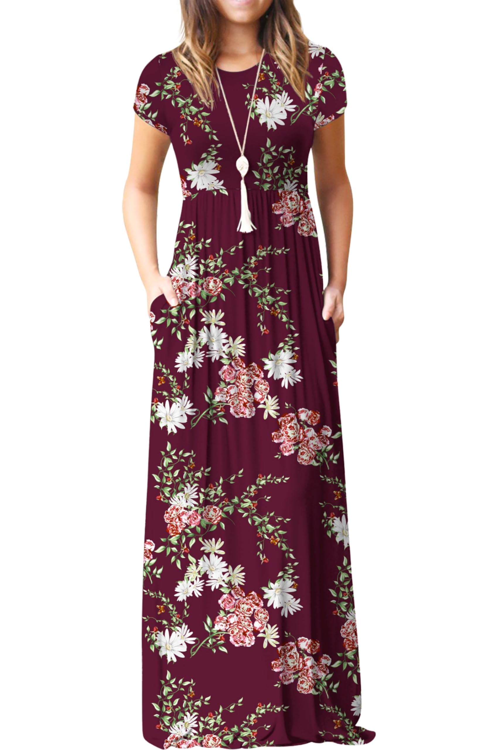Rochie maxi Bridget pentru femei – guler rotund uni, croială fluidă și talie înaltă cu buzunare de vară