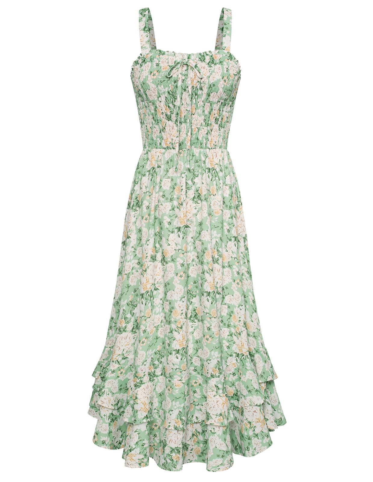 Vestido Maxi Mildred para Mulher – Decote Quadrado, Alças, Corte Evasé com Pregas e Barra com Folhos Verão