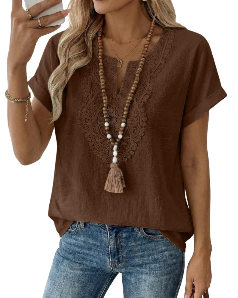 Blusa Aelina para mujer – Top bohemio con escote en V, encaje y corte suelto elegante