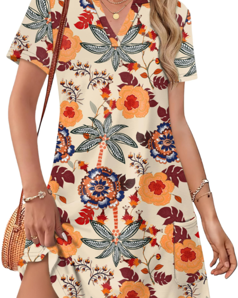 Vestido Sherry Feminino Verão – Vestido Midi com Decote em V Elegante, Corte Fluido Boémio para Férias & Casamento