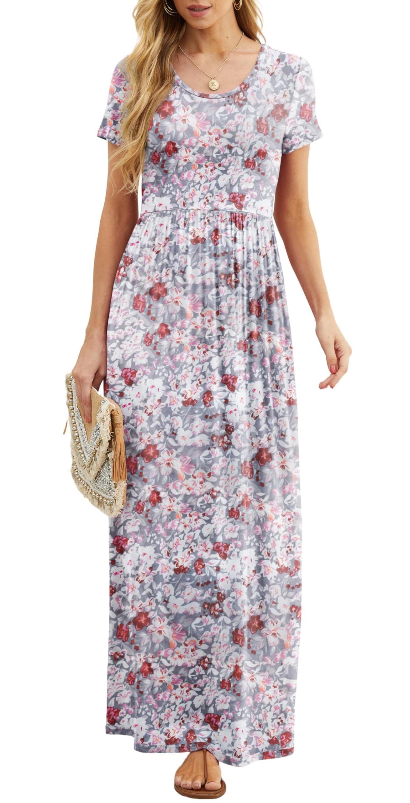 Rochie maxi Bridget pentru femei – guler rotund uni, croială fluidă și talie înaltă cu buzunare de vară