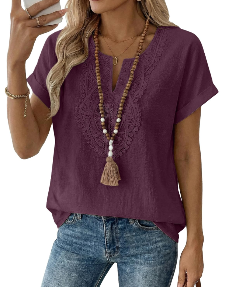 Blusa Aelina para mujer – Top bohemio con escote en V, encaje y corte suelto elegante
