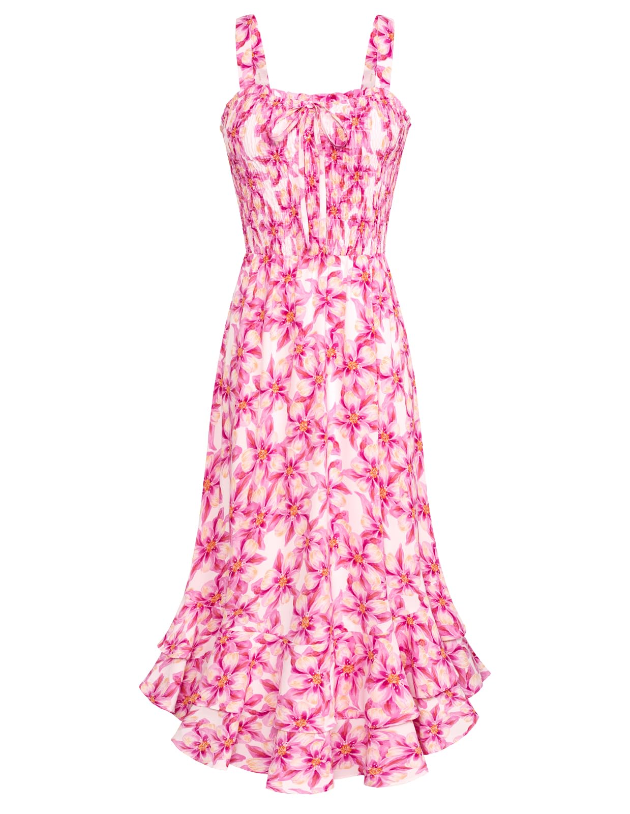 Vestido Maxi Mildred para Mulher – Decote Quadrado, Alças, Corte Evasé com Pregas e Barra com Folhos Verão